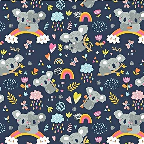 100x160cm Koala 100% Baumwolle Baumwollstoff Kinder Meterware Handwerken Nähen Stoff (Hase Mond Herz Weiß) (Koala Regenbogen Dunkelblau, 100x160cm (11,99€/m))