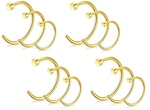 Rajnard 12er Nasenpiercing Nasenringe 18G/20G 6/8/10mm Chirurgenstahl Gold Fake Nasenring Nase Piercing Hoop Ring Schmuck Frauen Männer