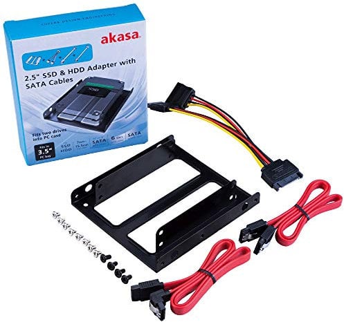 Akasa 2.5 SSD & HDD Adapter with SATA Cables | 4-in-1 | SATA Power Y-Splitter Cable | 180° to 180° & 90° to 180° SATA 3.0 Data Cables | 3.5” to 2.5” Mounting Bracket | AK-HDA-11