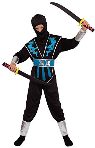 Magicoo blau-silberner Drachen Ninja Kostüm für Kinder Jungen Gr 110 bis 140 Schwarz/Blau/Silber - Fasching Kinder Ninja Kostüm Kind (110/116)
