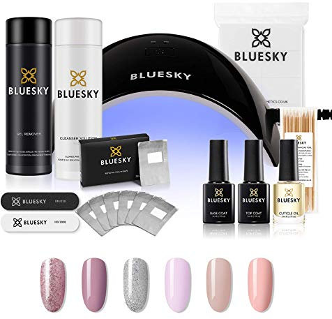 Bluesky Gel Nail Polish Starter Kit with Professional 24W Uv Led Lamp, Top & Base Coat, 6 Colours, Pink, Silver, Peach, Glitter Cleanser& Acetone Remover, Wipes, Wraps, Cuticle Oil, File & Buffer