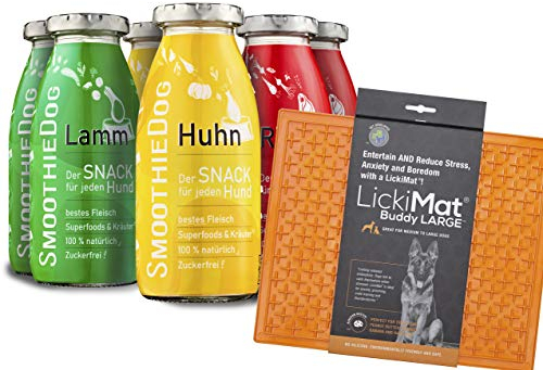 Lickimat L 30,5x25,5cm mit SmoothieDog Hundesmoothie 6er Mix Klassik - 100% getreidefrei, natürlicher Hundesnack für alle Hunde, 3 leckere Sorten - Lamm, Rind, Huhn, 6X 250 m, Farbe Orange