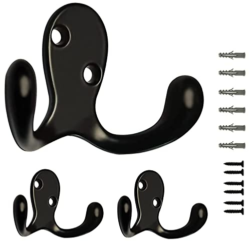 3 Stück schwarze Doppelzinken Mäntel Handtuchhaken für Badezimmer Wandmontage Dusche rostfrei, 38,8 g Retro Wandhaken Heavy Duty Hängende Handtücher Mantel Hut Luffa Robe Schlüssel Schal Tasche Kappe