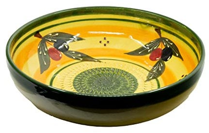 Kaladia - Reibeschüssel/Keramikhobel - ideal zum Gewürze reiben und Servieren von Gerichten - Motiv: Gelb/Grün/Olive - Durchmesser: 27 cm - handgemacht & handbemalt - Made in Spain