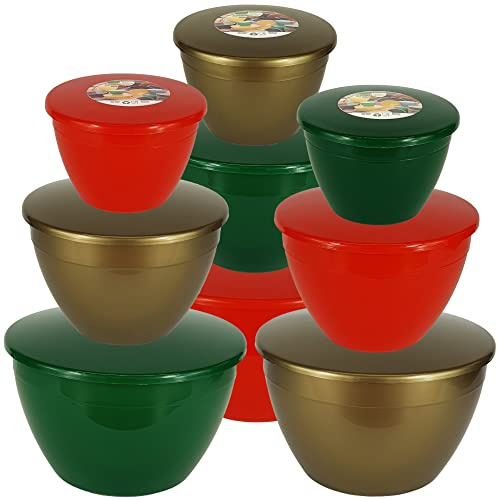 Just Pudding Basins 9 Christmas Pudding Basins and Lids Sizes 1, 2 and 3 Pints in 3 Festive Colours Red, Xmas Green and Gold