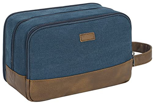 WANDF Travel Toiletry Bag for Men Hanging Dopp Kit Canvas Toiletry Organizer Water-Resistant Vegan Leather Shaving Bag for Toiletries Accessories (Blue)