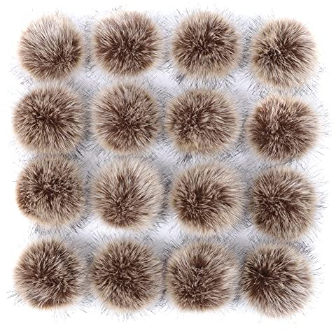 16 Stück Kunstfell Pompon Bommel,Faux Fuchspelz Fellbommel mit elastischer Schlaufe Pom Flauschig Plüsch Bälle Set zum Basteln für Mützen Tasche Schals Schlüsselanhänger Dekoration Zubehör,Braun