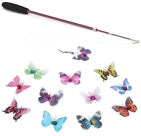 SONGWAY 13 Stück Interaktives Katzenspielzeug - Katzenspielzeug Set mit Einziehbare Stangen und 12 Schmetterling Ersatz mit Glocken, Katzenangel, Zauberstab Katze Spielzeug