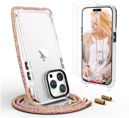 UYMO Handykette Hülle mit Band Für iPhone 15 Pro 6.1 -Necklace Transparent Handyhülle Case mit Strap Schnur Abnehmbar, Schutzhülle zum Umhängen Kordel, Regenbogen