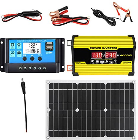 Kit Pannello Solare per Auto, Solare Completo, 300 Watt, Kit di Ricarica Solare con 2 Porte USB e Display a LED, Kit Completo di Pannello Solare con Batteria e Inverter per casa capanno