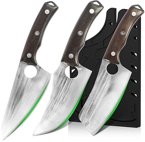 FULLHI Juego de 6 Cuchillos de Carnicero con Funda Cuchillo Deshuesador de Chef Forjado a Mano, Cuchillo para Cortar Carne de Acero al Carbono para Cocina Camping Barbacoa