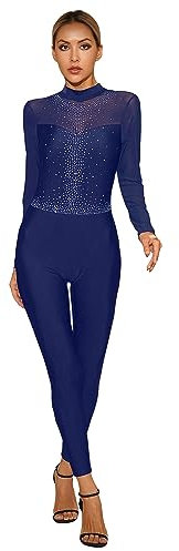 Aislor Damen Gymnastikanzug Ganzkörper Langarm Sportbody Glitzer Turnanzug Rückenfrei Eiskunstlauf Body Tanzbody Tanzkleidung Navyblau XXL
