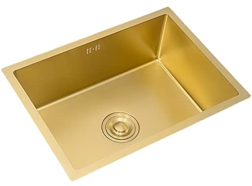 PetterShop Fregadero de un tazón, Fregadero de Barra de Cocina Dorado, Fregadero de Acero Inoxidable 304 para Caravana, con desagüe, Montaje Superior o Montaje Inferior (Color : A, S : 60x40x21cm)