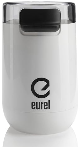 EUREL KMA weiße Kaffeemühle | Beste Mahlergebnisse I Mahlgrad variabel I Edelstahl Mahlbehälter und Messer | Kompaktes Design I Einfache Handhabung und Reinigung I EU-Design