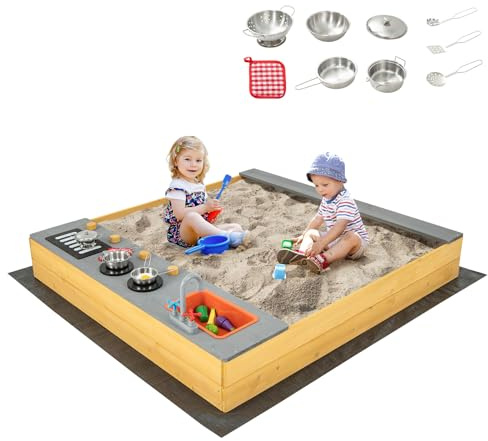 COSTWAY Sabbiera in Legno per Bambini, Sabbiera per Esterni con Rivestimento Inferiore Accessori e Panca, per Bambini di 3-8 Anni, 135x125x20 cm