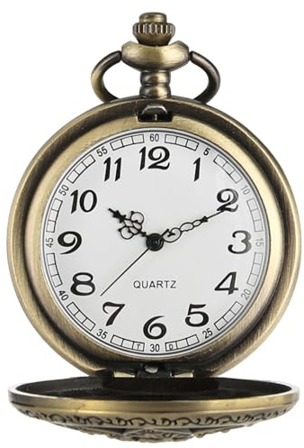 USHXVG Vintage Quartz Pocket Watch with Chain, Roman Numerals, Bronze Finish