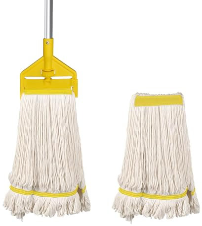 KULED Balai industriel robuste avec long manche, balai en coton avec 2 têtes de balai, fil à extrémité bouclée pour nettoyage du sol, atelier, entrepôt, maison et garage