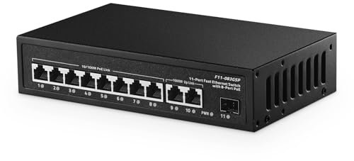 Binardat Switch POE a 11 porte, 8 porte POE+ 10/100 Mbps, 2 Gigabit uplink, 1 Gigabit SFP, IEEE802.3af/at, alimentatore da 135 W, alloggiamento in metallo plug and play non gestito