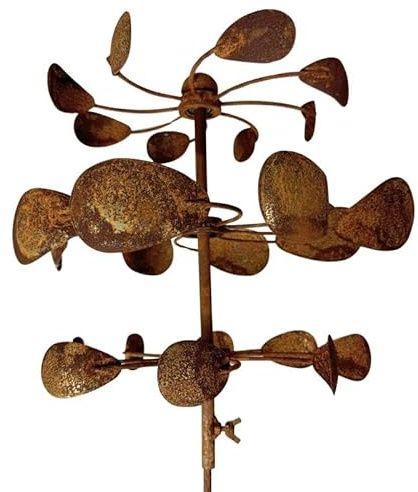 L'Héritier Du Temps Windrad mit 3 Flügeln, Windmühle, oxidierter Stahl, Mobile Wetterfahne, 40 x 40 x 160 cm