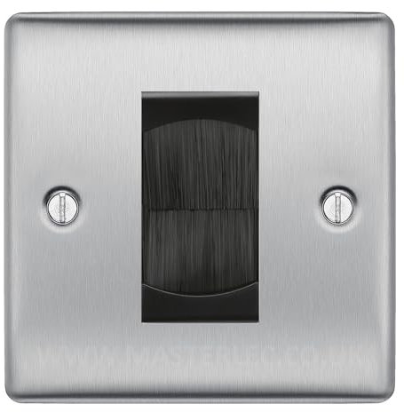 BG Brushed Steel Single 1 Gang Brush Cable Entry Wall Plate Black Insert Square