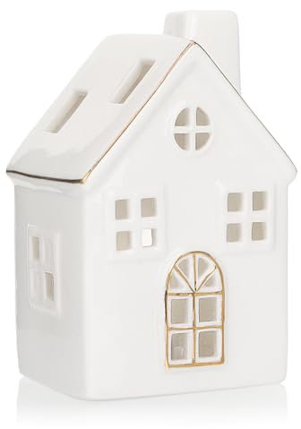com-four® LED-Haus aus Porzellan - batteriebetriebenes Leuchthaus - weißes glänzendes Deko-Lichthäuschen für Winter und Weihnachtsdekoration (Haus - 13cm)