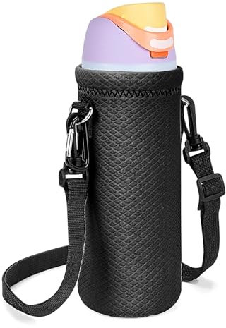 Linkidea Water Bottle Carrier with Strap Compatible with Owala FreeSip 32oz, Twist 32oz Water Bottle, Neoprene Waterbottle Sling Bag Holder, Shoulder Strap, Black