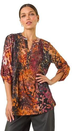 Roman Originals Pintuck Shirt for Women Ladies Jersey Blouse Collarless Top Flare Crinkle Notch Neck Tunic 3/4 Length Sleeve Longline Smart Casual Party Going Out - Orange Noir - Size 18