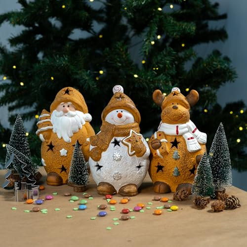 Keramik LED-Figur 3er Set - Weihnachtsmann, Rentier und Schneemann Weihnachtsdeko Tisch-Deko Dekofigur