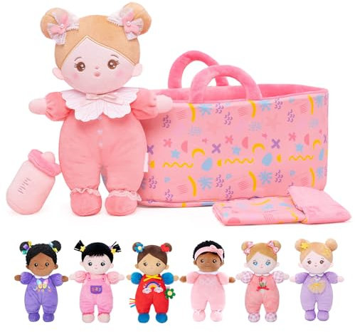 OUOZZZ Baby Puppe mit Tragetasche und Puppenzubehör Rosa, 25cm Weiche Stoffpuppe Kuschelpuppe für Kinder ab 3 Monaten - Baby Geschenk zur Geburt Mädchen Jungen