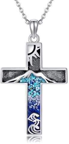DAYLINLOVE Türkis-Kreuz-Halskette 925 Sterling Silber Berg-Halskette Religiöser Kreuz-Anhänger-Halskette Natur-Schmuck Geschenke für Männer Frauen Christliche