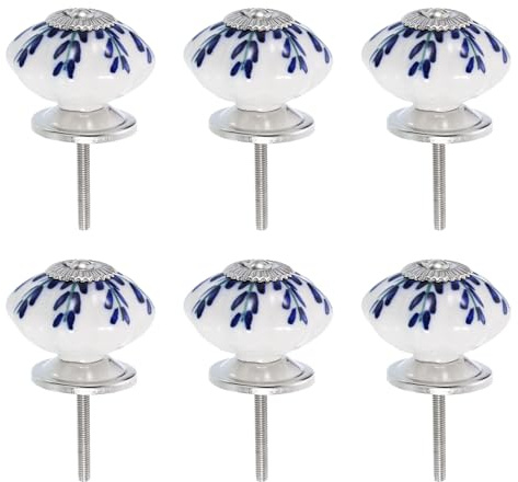 QUARKZMAN 6 Stück Blumen Möbelknöpfe Keramik, Weidenblatt-blaue Runde | Schrankknöpfe Vintage, Keramikknöpfe für Möbel mit Schrauben für Kommode, Schubladen, Türknöpfe, Küchenschrank