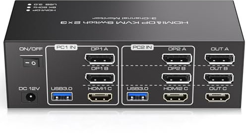 TJCXELE 8K60Hz HDMI+2Displayport KVM Switch 3 Monitors 2 Computers USB 3.0 KVM Switches Sharing Multiple Monitors and 4 USB Devices Supports Extended Mode & Copy Mode with 12V Adapter