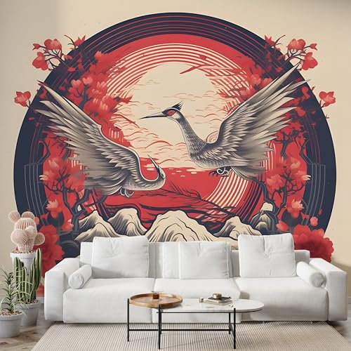 Boceoey Papier Peint Panoramique Grue Japonaise Fleurs De Cerisier 3D - Motif Mont Fuji Japon - Décoration Murale pour Salon & Chambre, Intissé Autocollant Papier Mural, 350x256 cm S-806