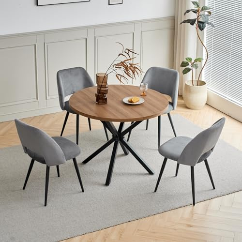 JZGORC Esstisch und Stuhlset, 100 cm Runder MDF Esstisch, 4 Gepolsterte Küchenstühle aus Cord mit Hohlrückenlehne, für Esszimmer, Wohnzimmer, Küche (Dunkel + Grau)