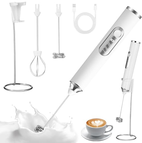TIDEVAN Mousseur à Lait Électrique Rechargeable Mousseur a Lait, 3 Vitesses Petit Mixeur avec 2 têtes Mini Fouet, Support en Acier Inoxydable, pour Cafés, Lattés, Cappucinos et Machiattos (Blanc)