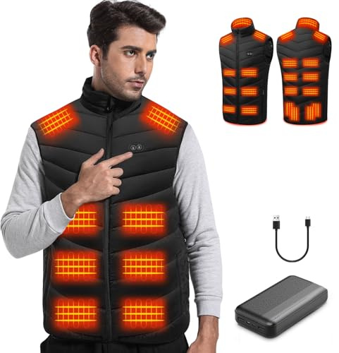 Veste Chauffante Homme, Gilet Chauffant pour Homme avec Batterie 20 000 mAh, 21 Zones de Chauffage, 3 Niveaux de Chaleur Réglables, Lavable en Machine, Gilet Chauffant pour Ski, Randonnée, Moto (L)