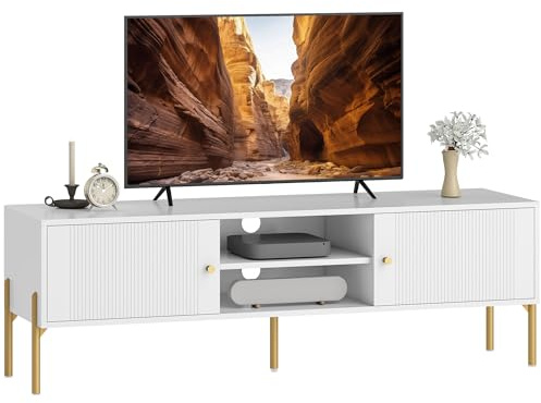 HOMCOM Mueble de TV Moderno de 2 Puertas, Mesa TV para Salón con 2 Estantes Abiertos Ajustables, Orificios Pasacables, Patas de Acero, para Televisión 65 Pulgadas, 140x38x45,9 cm, Blanco