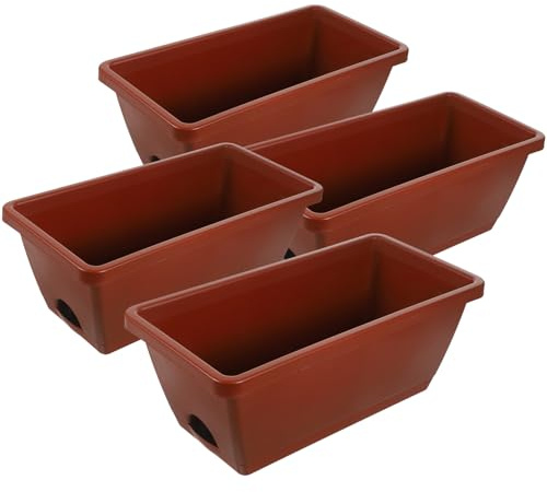 Housoutil Juego de 4 Macetas Rectangulares de Plástico para Plantas de Exterior con Bandeja Integrada y Orificios de Drenaje Tamaño Pequeño Color Ladrillo Jardineras para Ventana y Balcón