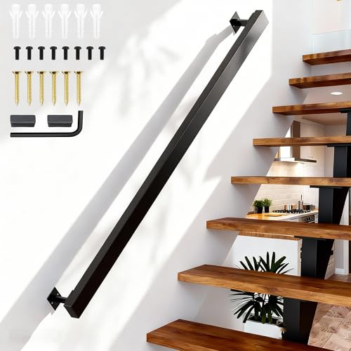 240cm Handlauf Metall Schwarz, Treppengeländer Geländer Treppe, Wandhandlauf Wand Innen und Außen mit Wandhalterung, Wand Treppe mit Zubehör, Handläuf Treppe für Treppen, Brüstung, Balkon