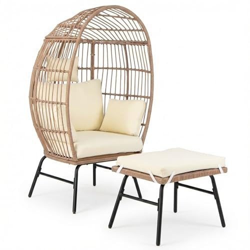 COSTWAY Fauteuil Œuf sur Pied avec Ottoman Charge 150KG, Chaise Relax en Osier avec Coussins et Oreillers Confortables Repose-Pieds, Fauteuil Surdimensionné pour Patio Cour Salon