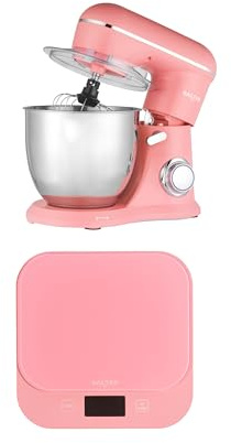 Salter British Bakes Stand Mixer & Scale Set – Electric Food Whisk with 5 Litre Bowl & 10 Speeds, High Capacity 10kg Waterproof Digital Glass Baking Scale, Tare Function, 1g Precision, Pink