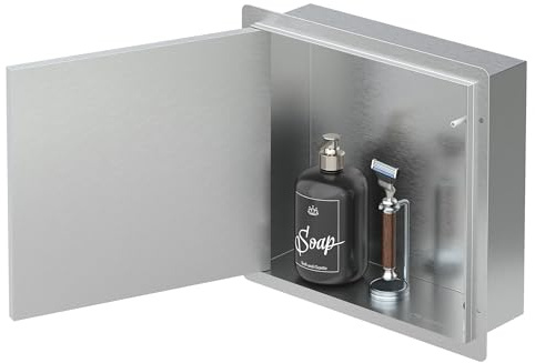 LuxeBath Wandnische Dusche Edelstahl gebürstet mit befliesbarer Tür, 25,5x25,5x10 cm, Silber, Eingebettete Duschnische wasserdicht, Einbaunische Duschablage randlos, Einzelregal, Badezimmer Lagerung