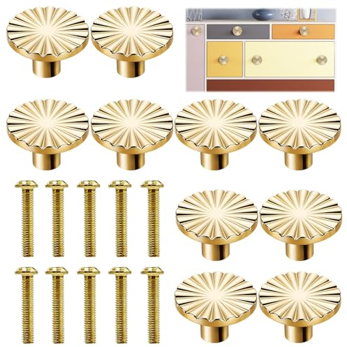 NHCDFA 10 PCS Gold Drawer Knobs, Gold Door Knobs, Petal Shaped, with 10 Screws, for Home Decorators