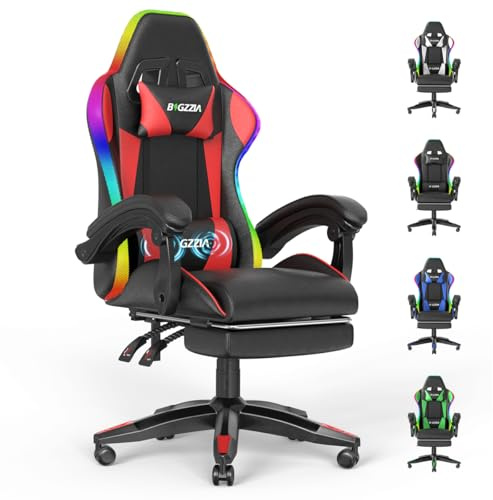 Bigzzia Gaming Stuhl mit Massagefunktion und LED, Gaming Chair (Rot) | Ergonomischer Gaming Sessel mit Fußstütze/Massage-Lendenwirbelstütze, Zocker Stuhl für Arbeit Freizeit Gaming, aus PU-Leder