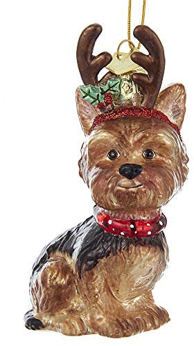 Kurt Adler Noble Gems Yorkshire Terrier with Antlers Glass Christmas Ornament NB1261YO