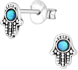 Monkimau Mädchen Ohrringe Hamsa Hand Fatima Ohrstecker aus 925 Sterling Silver echt Silber mit 2 Opalen