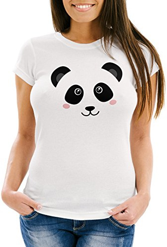 MoonWorks Damen T-Shirt Panda Gesicht Pandabär Tiergesichter Slim Fit Weiss XS