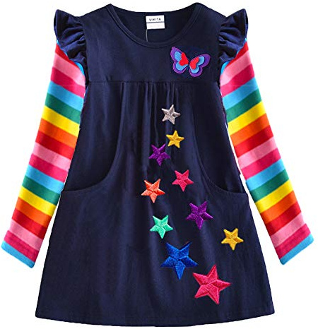 VIKITA Girls Dress Rainbow Long Sleeve Embroidery Star Age 5-6 Years Lh5808