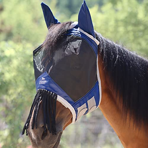 Harrison Howard CareMaster Horse Fly Mask with Ears and Nose Fringe Fly Protector Defender Mask Signature Blue M Cob