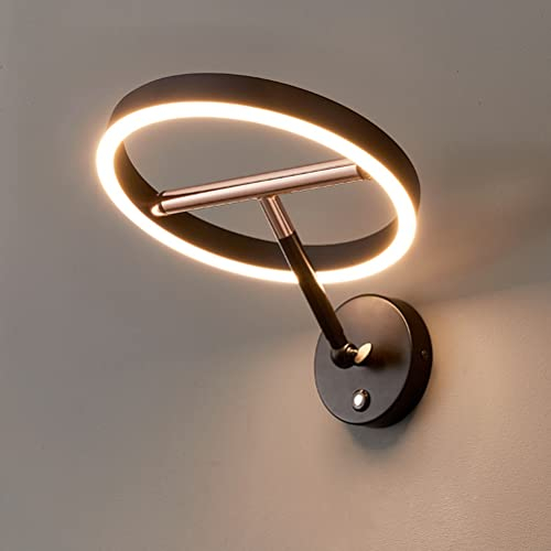 Wandleuchte LED Innen mit Touch Schalter, 22W Ring Nachttisch Wandlampe aus Metall in Schwarz, Verstellbar Wand-Leselampen für Schlafzimmer Wohnzimmer Büro Hotel Flur, Warmweiß 3000K